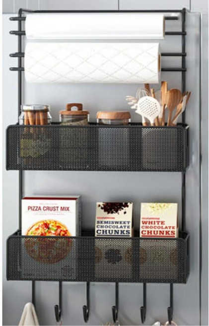 주방정리 강력접착 무타공 스틸소재 냉장고걸이/ 주방선반 자취방 벽걸이선반 1인가구, 블랙