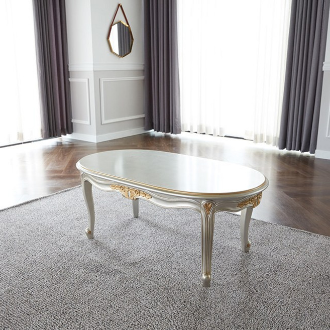 피어젠가구 타원 프렌치 엔틱 소파 탁자 샴페인골드