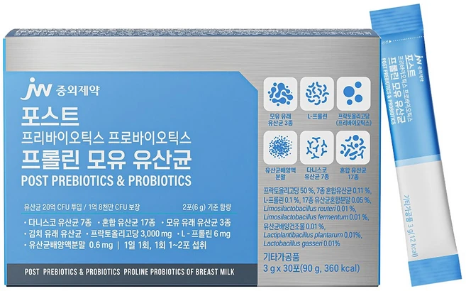 JW중외제약 포스트 프리바이오틱스 프로바이오틱스 프롤린 모유 유산균, 90g, 1개 - 쿠팡