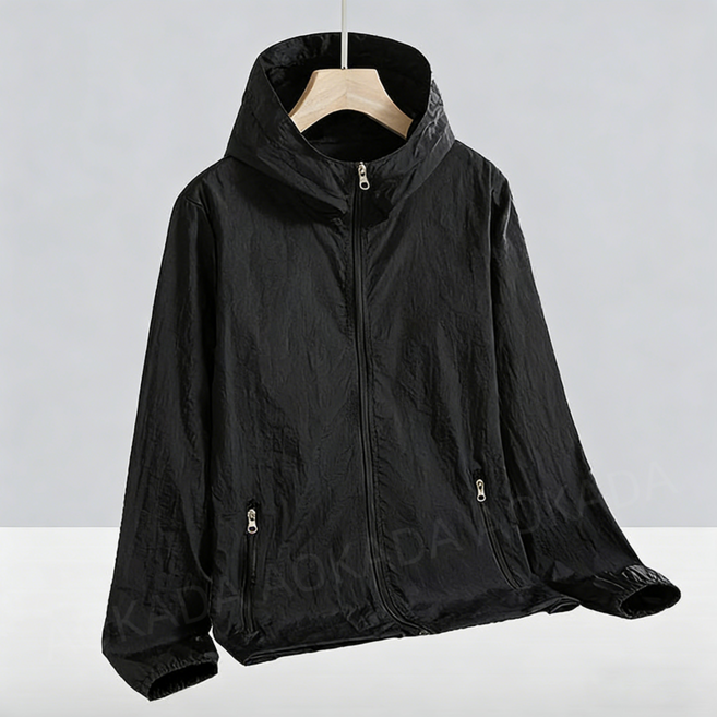 AOKADA 남녀공용 여름 쿨링 아이스 바람막이 자와선차단 윈드브레이커 후드 집업 냉감 낚시 자전거 윈드러너 점퍼, 블랙