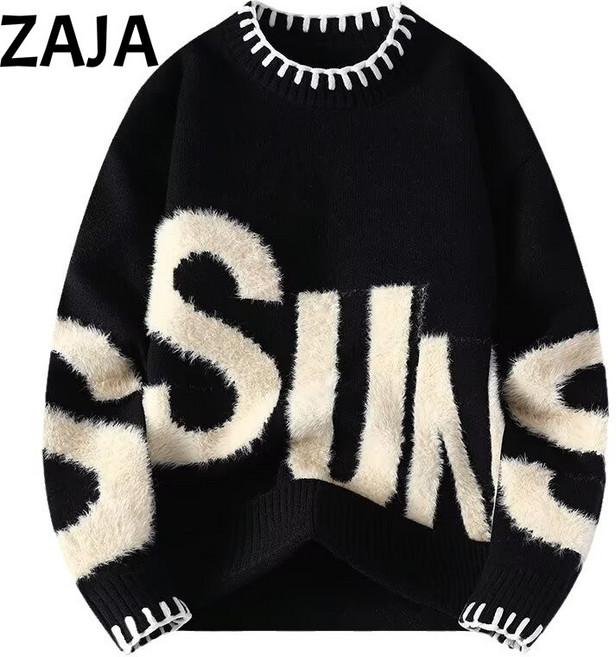 ZAJA 겨울 남성 캐주얼 라운드 니트 스웨터 데일리 컬러풀 긴팔 니트