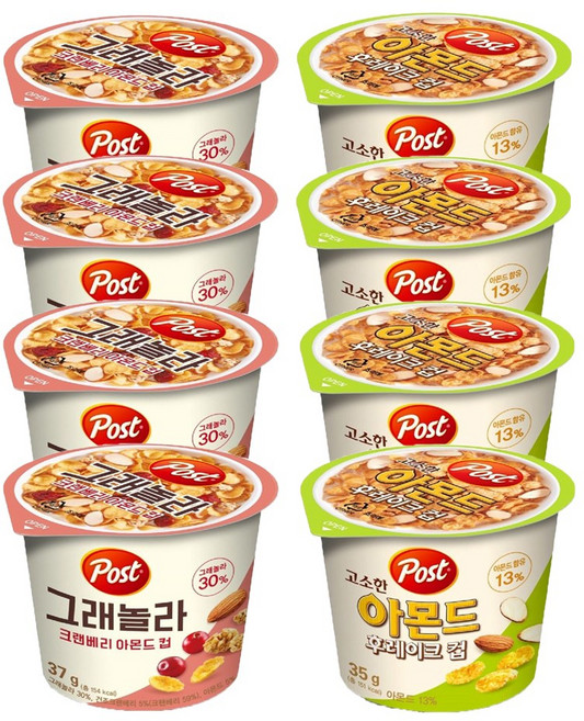 동서 포스트 컵시리얼 2종 4개씩(크랜베리아몬드컵4 고소한아몬드후레이크컵4), 8개, 35g