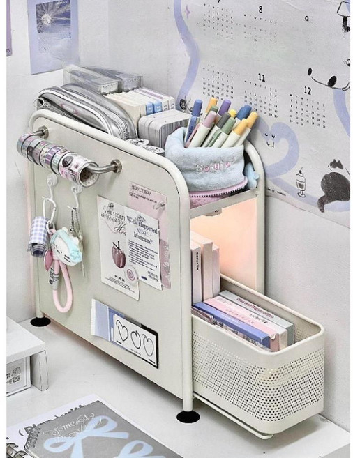철제 책상 사이드 수납함 문구 정리 선반 학생 기숙사 사무용 데스크 정리함, 3. 좁은 2층 (후크+책꽂이)
