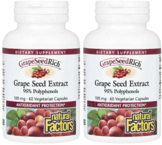 내추럴팩터스 Natural Factors GrapeSeedRich 포도씨추출물 100mg 60베지캡슐 2개 폴리페놀 흑자색포도 비티스 비니훼라, 60정 - 쿠팡