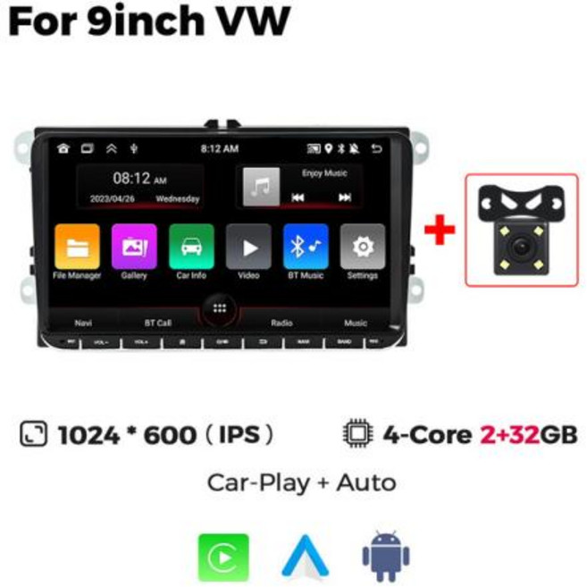 카플레이모니터 안드로이드 오토 블루투스 올인원 차량용 무선 네비게이션 폭스바겐 VW 파사트 B6 B7 CC 티구안 투란 골프 멀티미디어 GPS 내비게이션 자동차 스테레오 신제품, 없음, 12) 9inch 2G 32G Camera