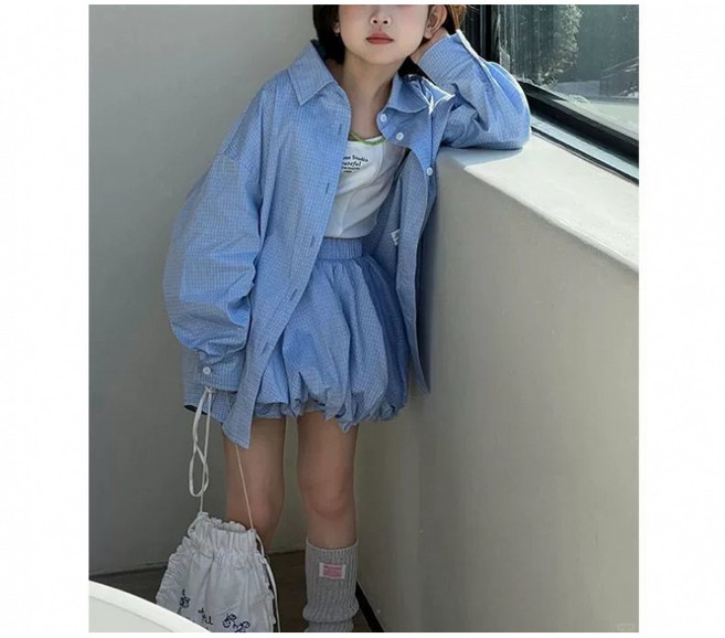 Toruva어린이 블루 체크 셔츠와 퍼프 스커트 세트14세 이상