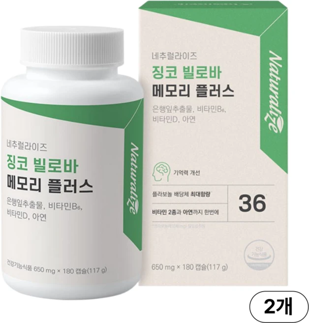 네추럴라이즈 징코 빌로바 메모리 플러스 117g, 2개, 180정 - 쿠팡