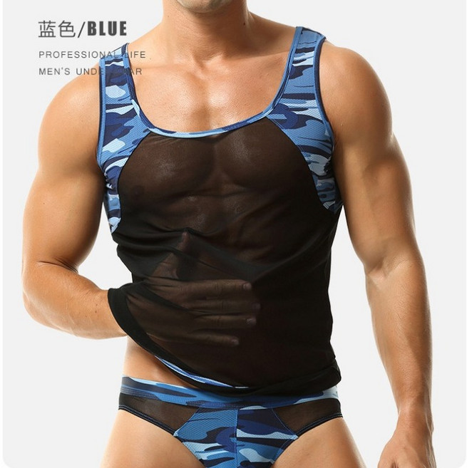 經典時尚迷彩網紗拼色彈性透氣貼身健身運動休閒居家性感男生背心-台灣發貨