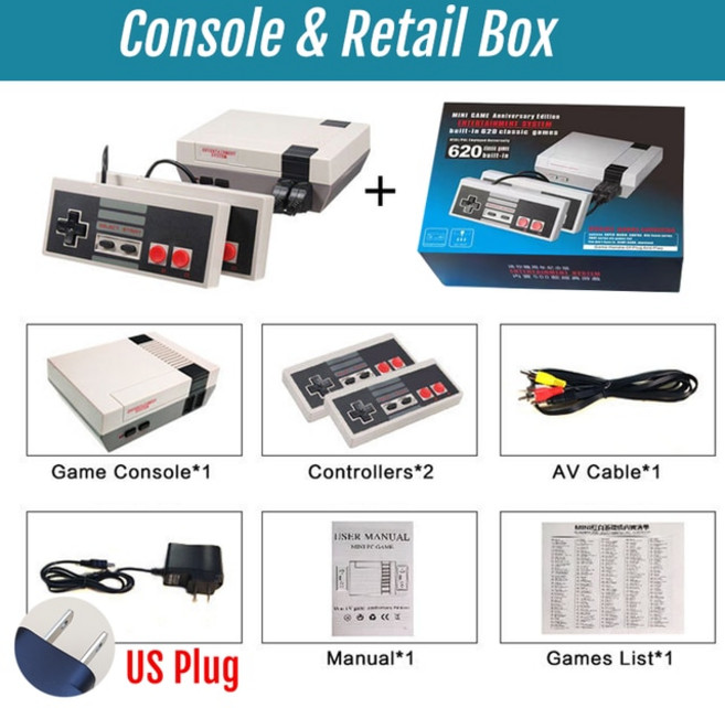 레트로 오락실 게임기 콘솔 NES 8 비트 미니 TV 비디오 콘솔 FC 내장 AV 출력, CHINA, Console-US Plug, Console-US Plug, 01 Console-US Plug