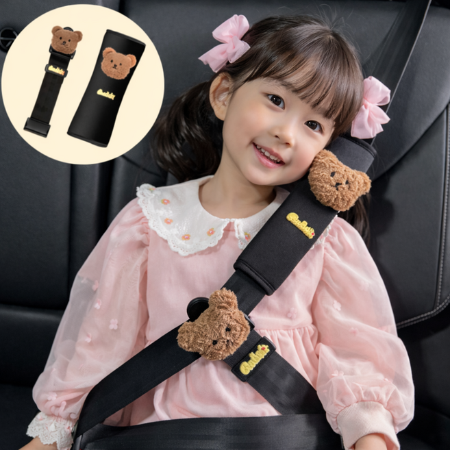 스피릿태드 [ KC인증] 어린이 목쓸림 방지 쿠션 안전벨트 가드 세트, 초코 베어, 1세트