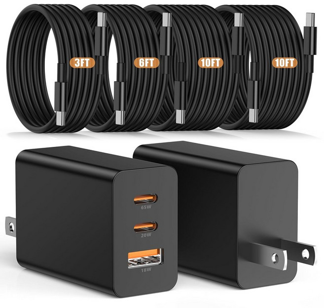 Susn은 삼성 갤럭시 S26 울트라용 65W USB C 월 충전기 3포트 100W PD 퀵 3.0 타입 충전 S26+S25S24S23 울트라S21S20안드로이드 폰용, 10FT, Black