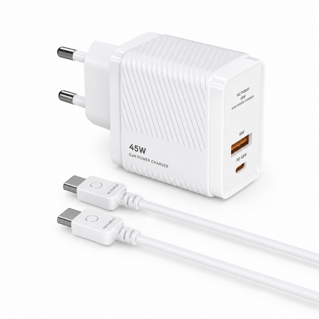 엑티몬 PD 45W GaN 2포트 초고속 멀티 충전기 어댑터 ( CtoC 케이블 포함 1.2M ), 1개, 화이트