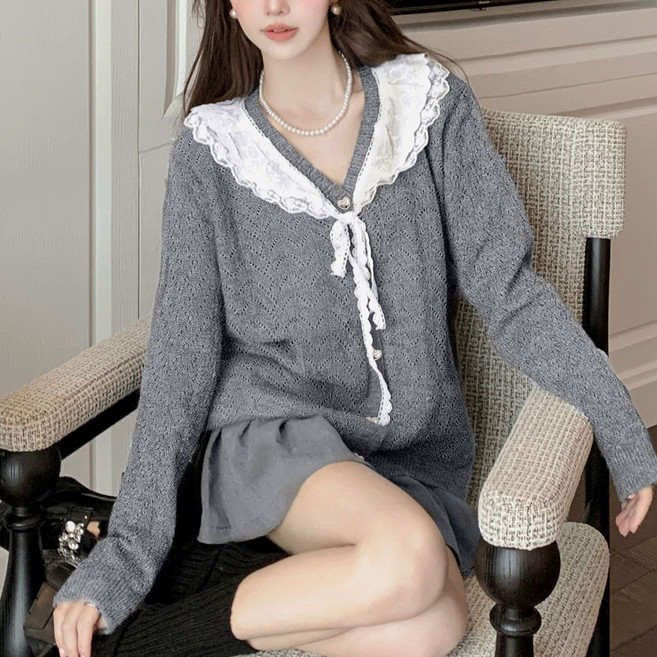 SOSISI 여성 브이넥니트 레이스넥 가디건 DH3M00776