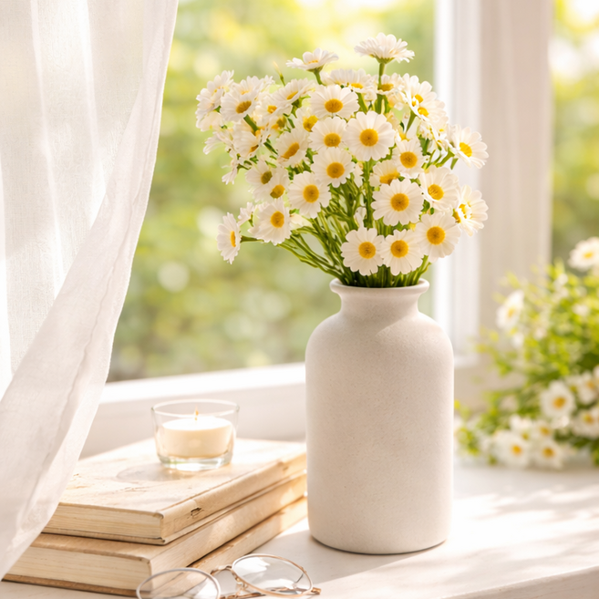 메이크유어홈 조화 데이지 들꽃 + 세라믹 화병 세트, 1개, 화이트