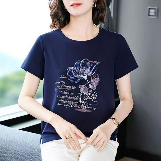 Makone 여성 티셔츠 봄여름용 캐주얼 면혼방 라운드넥 데일리 반팔티 플라워 프린트 옆트임 30대 40대 엄마옷