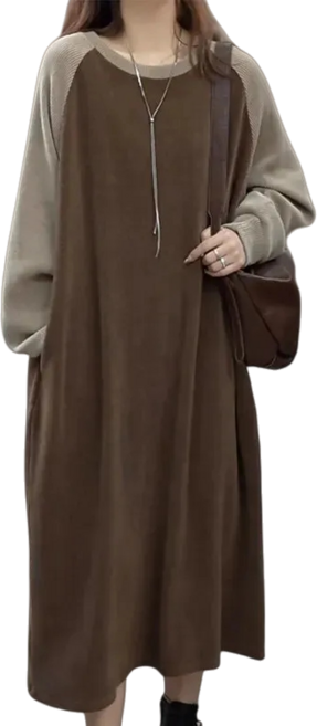 Makone 여성 가을 겨울 루즈핏 코듀로이 패치워크 라운드넥 맨투맨 롱 원피스