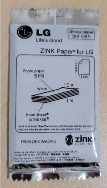 Pocket Photo 相印機相紙 zink免墨水, 1個, LG原廠/"不可"黏貼(白色包裝),1包
