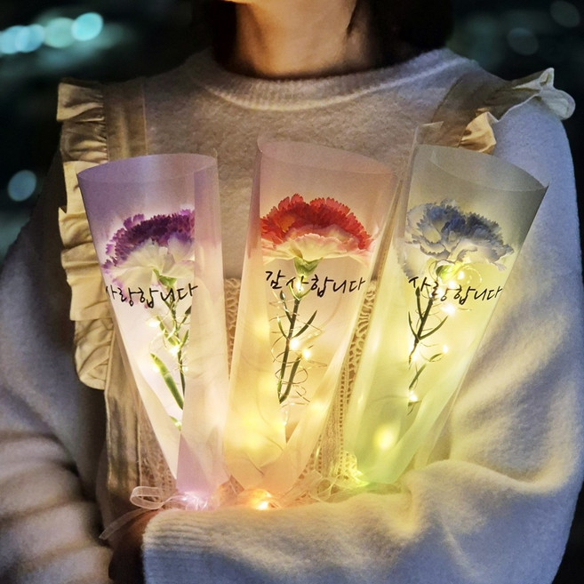 카네이션 한송이 꽃다발 LED 선물 꽃 조화 어버이날 부모님 스승의날 선생님 꽃바구니 행사 단체 세트, 라벤더 2 구성, 1개