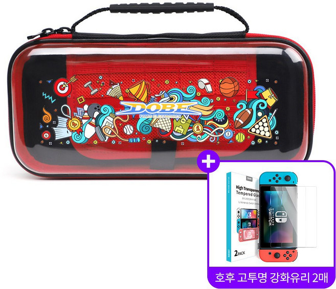 호후 닌텐도 스위치 강화유리 필름 투명 슬림 하드 케이스, 스위치강화유리+DOBE 투명 하드파우치(파도), 1개