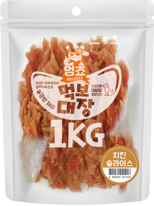 멍쵸 먹보대장 대용량 강아지간식, 1kg, 1개, 치킨슬라이스
