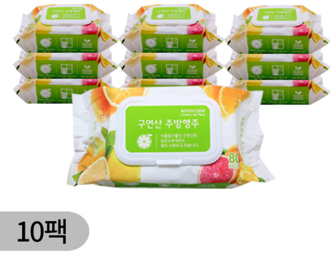 세균 싹 찌든 때 구연산 주방행주 1팩(80매)x10팩 키친 앤 리빙 살균소독 물티슈 행주, 80매입, 10개