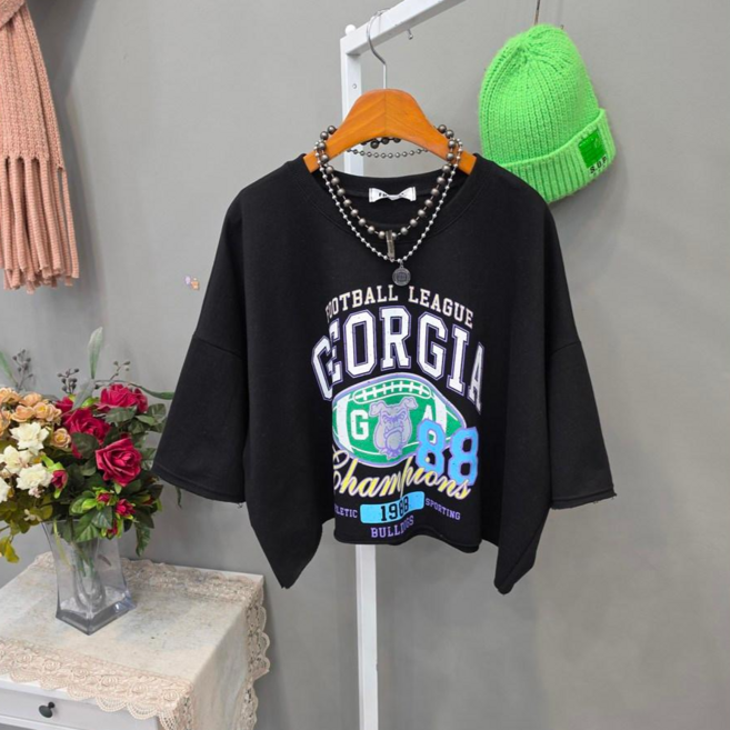 불독88 루즈핏 크롭 트렌디 반팔티