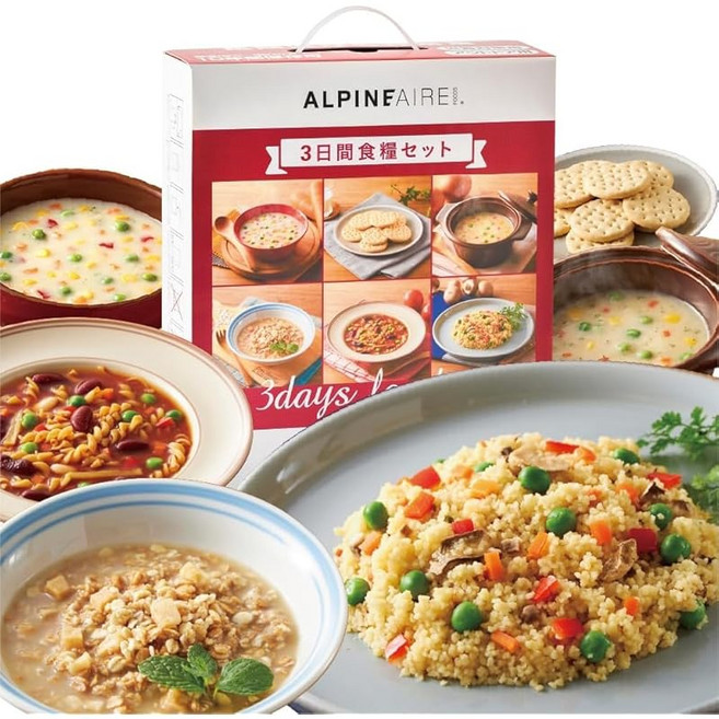 비상식량 10년 보존 3일간 식량 세트 27식 9캔 3인×3일분 ｜ 밥 스튜 시리얼 포함 Alpine Air 알파인 에어 비축 운반 편리 방재식 보존식 장기보존 상온식품 병, 1개