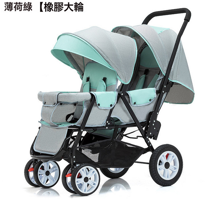 DFMEI *雙胞胎二胎推車雙人嬰兒車可坐可躺雙胎兒童輕便遛娃時代出行寶, 前後座 薄荷綠【橡膠大輪】⚑:如圖