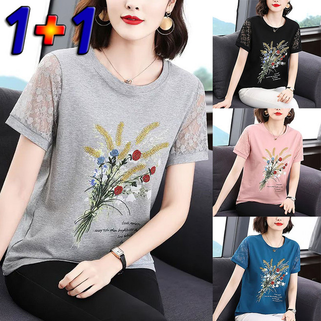 JUSTFEELING 1+1 빅사이즈 엄마옷 면티셔츠 라운드넥 포인트 패턴 반팔티셔츠 중년여성 4050대 반팔티 여름옷 ~5xl까지