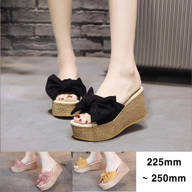 셀럽비아 왕리본 여성 7cm 통굽 웨지 힐 슬리퍼 샌들 225mm-250mm