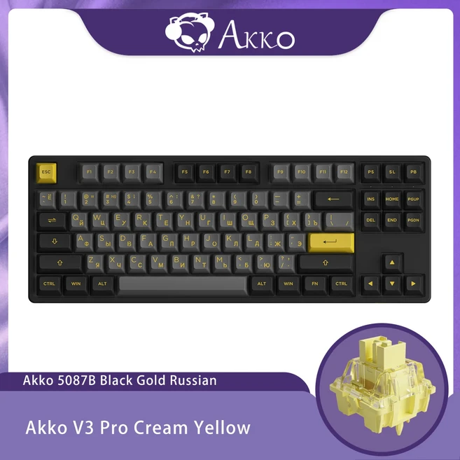 아코 5087B 플러스 트라이 모드 기계식 키보드 80% TKL 러시아어 ASA 프로파일 키캡 핫 스왑 RGB 오피스 게, 01 black gold