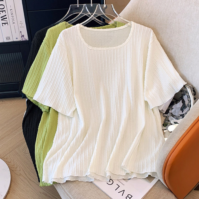 아웃사이즈 OA2649 빅사이즈 플레어 자카드 스퀘어넥 블라우스 반팔 티셔츠