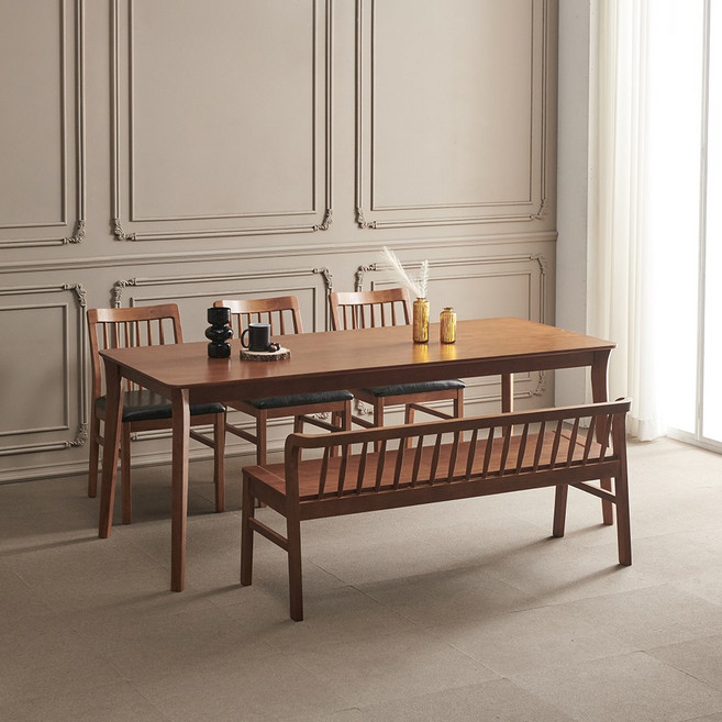 라로퍼니처 레이브 1900 고무나무 원목 6인 식탁 세트, 식탁+의자3+벤치1, 상세 설명 참조