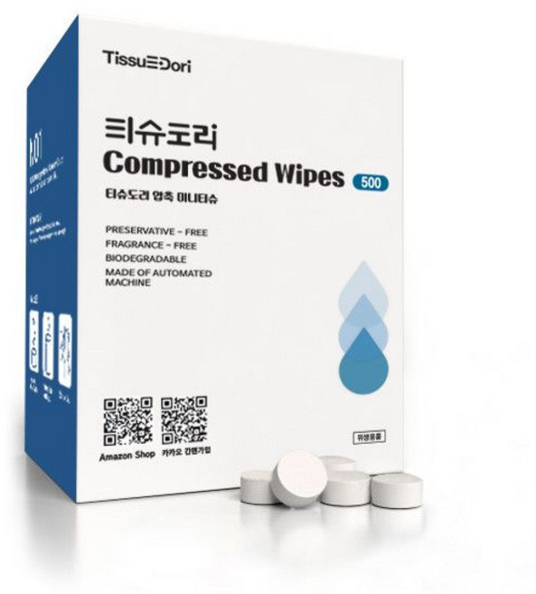 압축물티슈 500매 동전 100%천연원단 국내생산 코인 티슈 물티슈, 압축티슈 500매, 1개