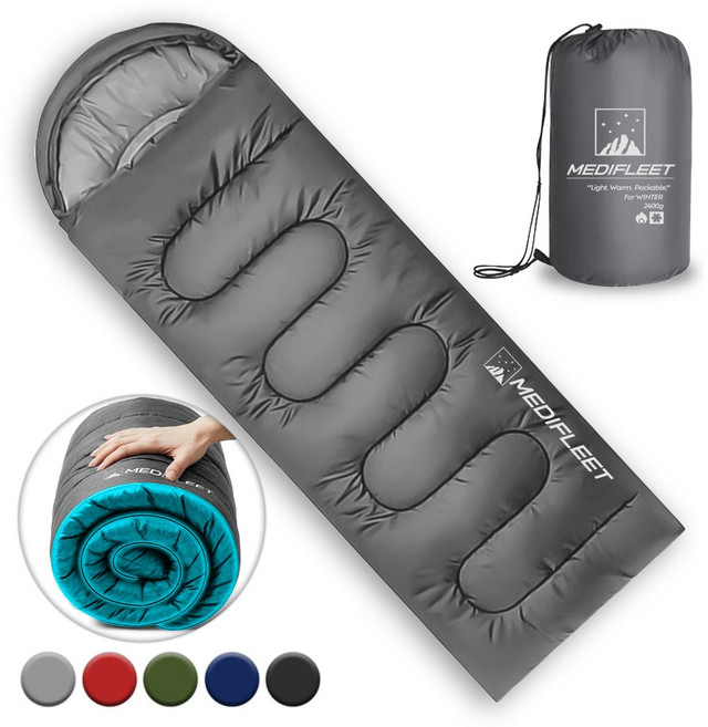 메디플릿 겨울용 머미형 야외 캠핑 침낭 + 수납가방, 1개, 실버 그레이 (2400g)