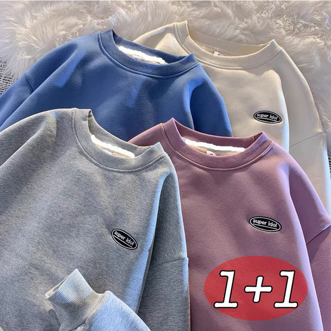 YLEMI 1+1 여자 가을 겨울 기모 두꺼운 라운드티 긴팔 티셔츠