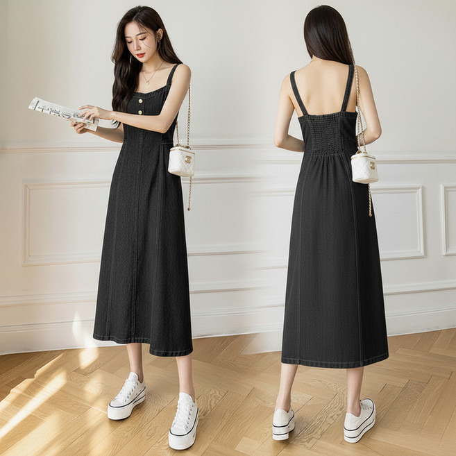 牛仔背帶連衣裙 中長款A字裙 顯瘦 大尺碼可穿 清新甜美風 復古減齡, 灰色,4XL