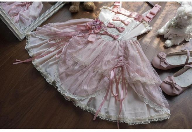 일본식 달콤한 우아한 발레 로리타 드레스 레이스 접합 활 꽃 높은 허리 서스펜더 공주 짧은, A. 사용자 정의 크기, 2. dress no flower, 1개