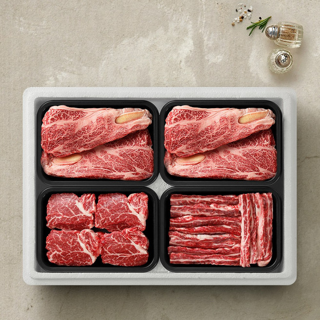 [투뿔한소] 한우 1++등급 구이선물세트 4호 1.2kg (등심300g+등심300g+안심300g+갈비살300g), 1개