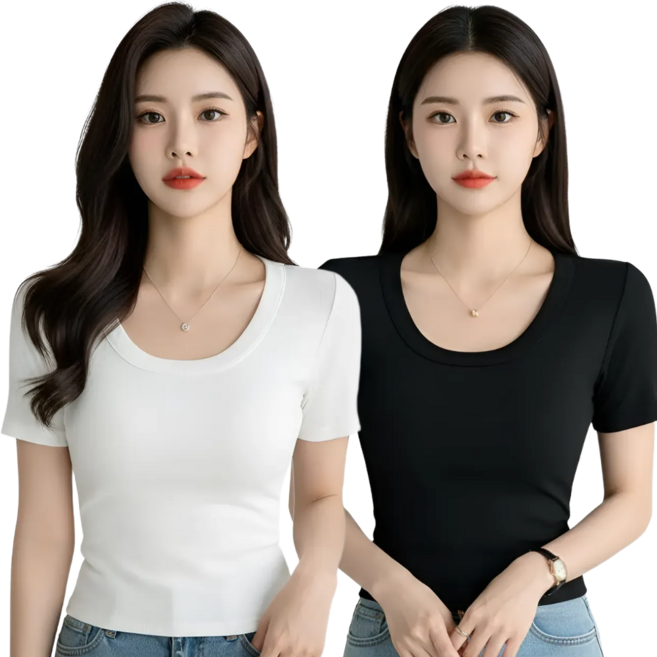 집가치 여성 여름 반팔티 슬림 유넥 골지 티셔츠 세트
