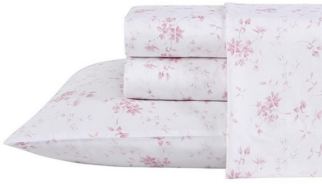 Laura Ashley Home 새틴 컬렉션 침대 시트 세트 실크처럼, Garden Muse Tea Rose