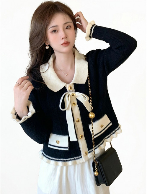 니트 가디건 여성 칼라 리본 성인 귀여운 하트 버튼 바이 컬러 긴 소매 푹신 푹신 푹신 푹신 푹신 여성 프렌치 걸리 예쁜 청초