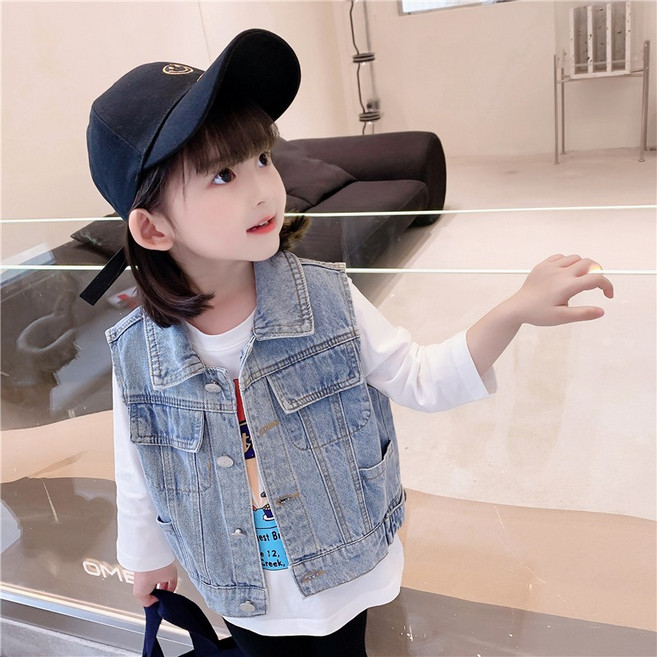 JS5050 여아 키즈 주니어 봄 여름 가을 고퀄 데님 청 카라넥 민소매 카고 베스트 조끼 청조끼 캐주얼 데일리 아우터 아동복