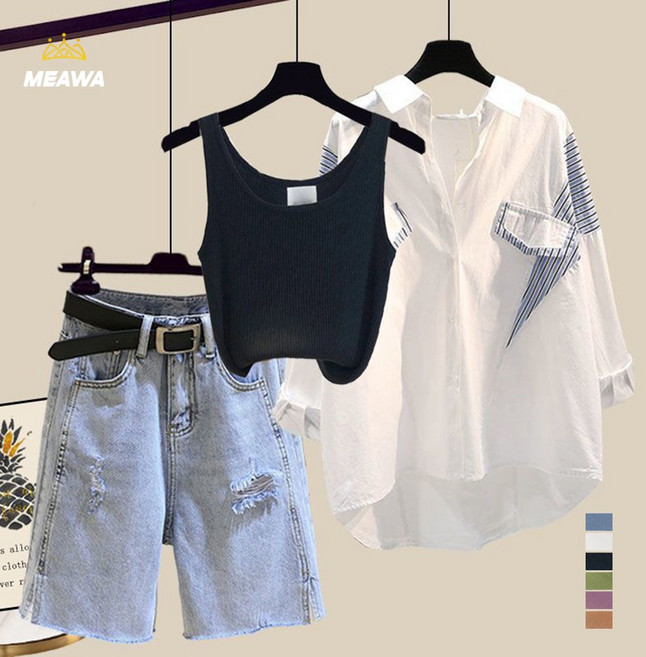 MEAWA 여자 셔츠 + 끈나시 + 데님반바지 상하 3종세트 빅사이즈 나시티 블라우스 청반바지 여름 상하세트, 블랙