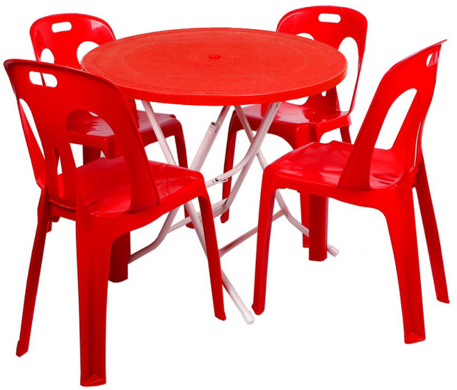 지오리빙 플라스틱 테이블 의자 세트, 원형+등받이(레드)