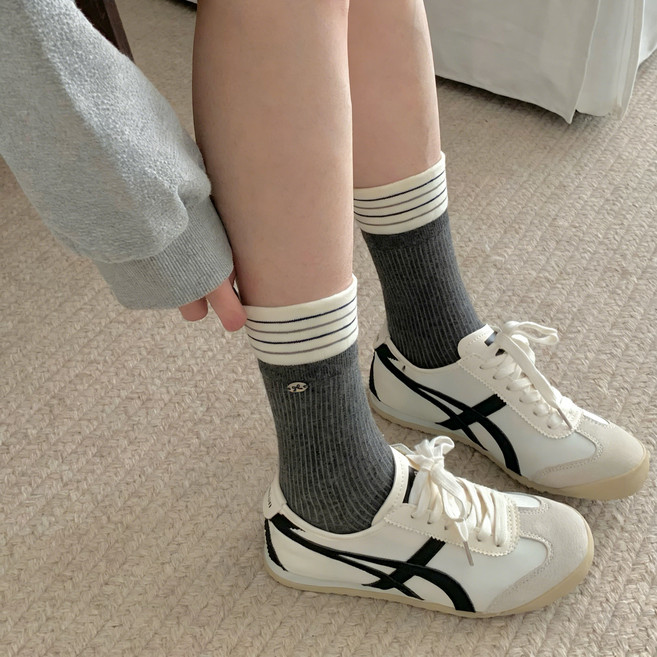 Guokr Store 여성 스트라이프 버튼 중목양말 심플 캐주얼 3켤레 세트 사이즈 23-25cm