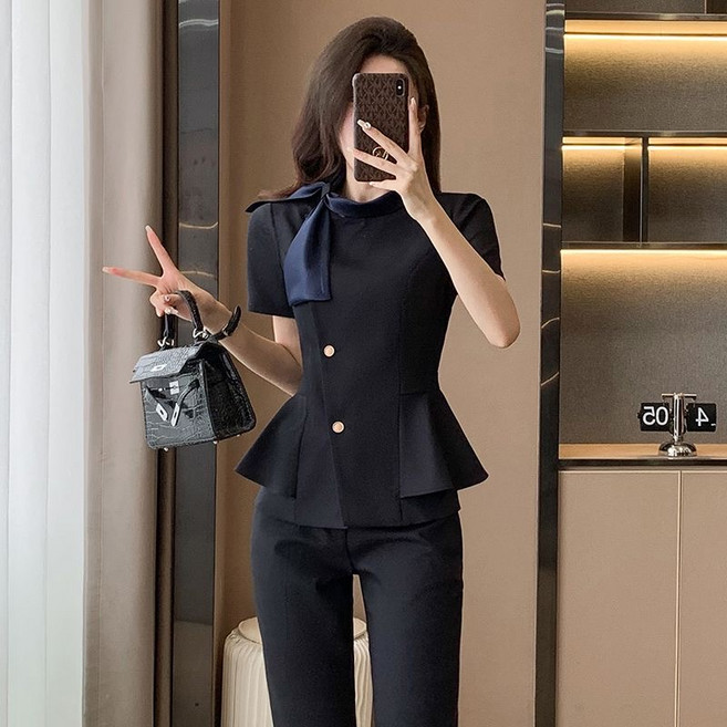 루스리더 여성 오피스룩 스카프 반팔 정장 상하세트 M779