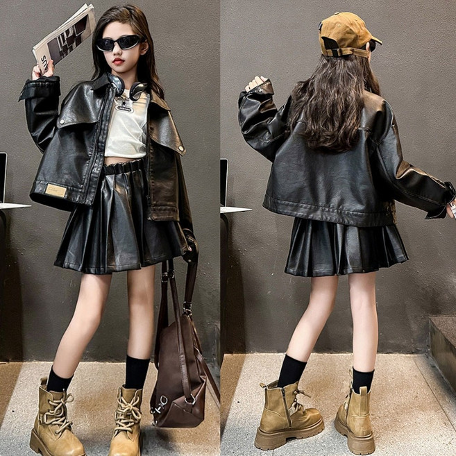 삐삐네옷가게 초등학생 여아용 블랙 레더 자켓 치마 상하세트