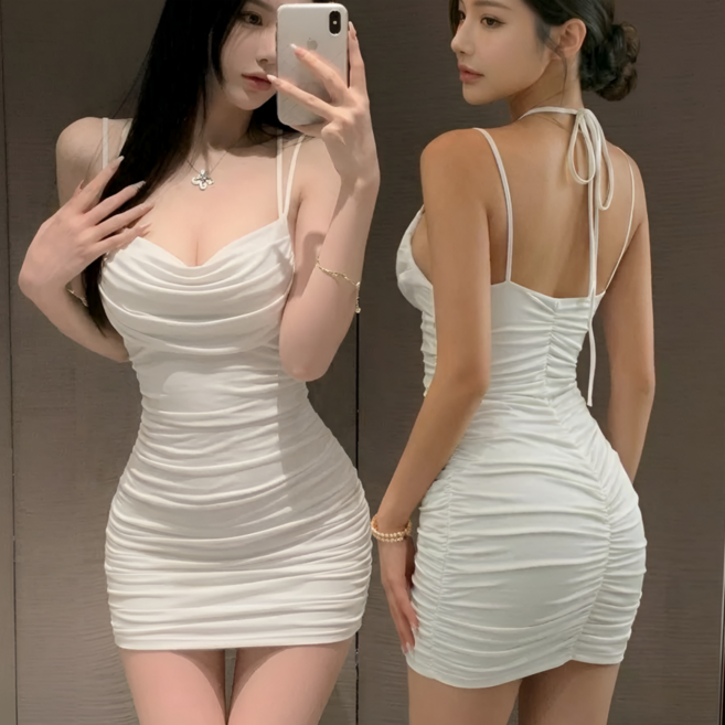 쁘띠엘라 셔링 바디핏 미니원피스 글램 홀터넥 섹시 홀복 클럽룩