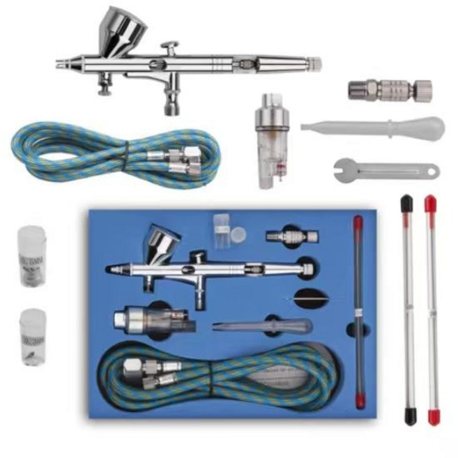 에어브러쉬 0.2 0.3 및 0.5mm 바늘과 에어 호스가있는 다목적 듀얼 액션, 은색